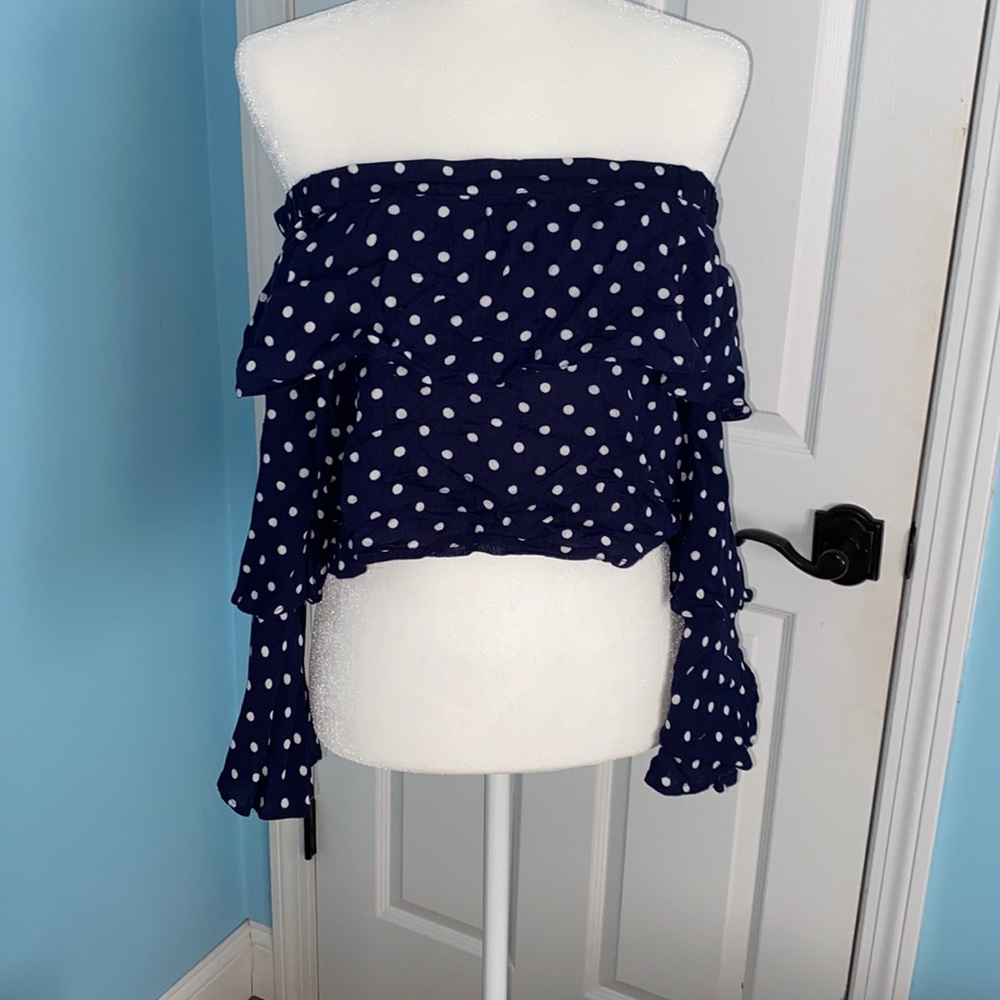 Chloe & Katie White Polka Dotted Layered Long Sleeve off the shoulder